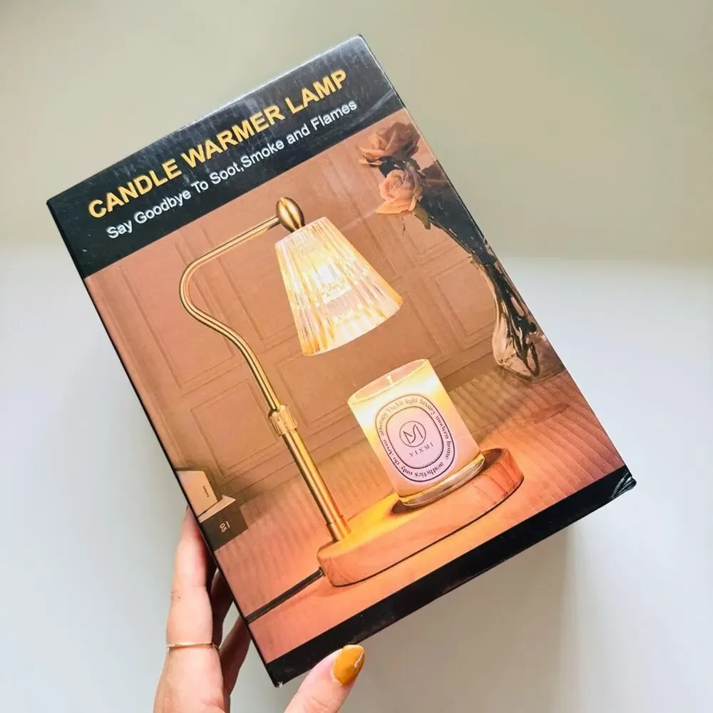 NEW Boxed White Glass Shade Gold Metal Arm Wood Stand Scented Candle Warmer Lamp